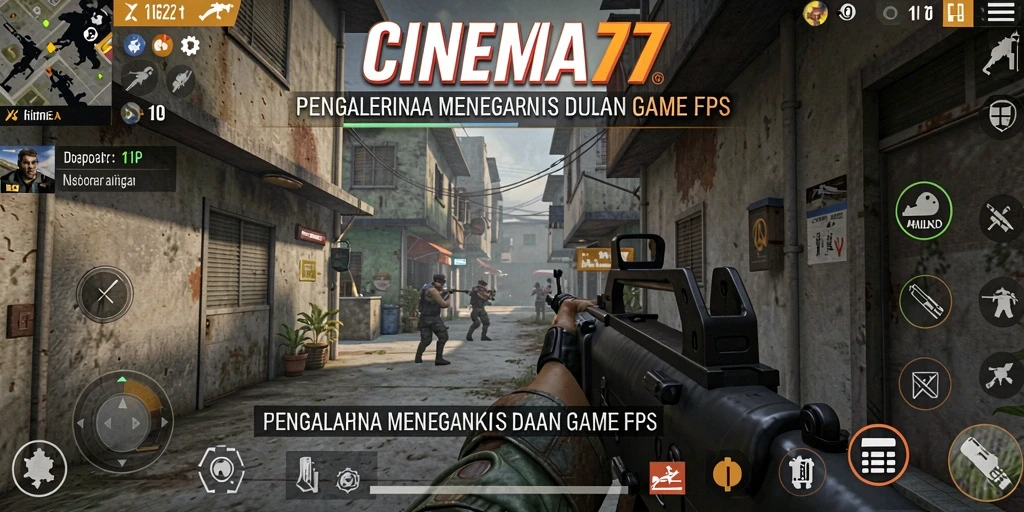 Screenshot CINEMA77 menampilkan aksi tembak-menembak yang mendebarkan dalam gameplay FPS.
