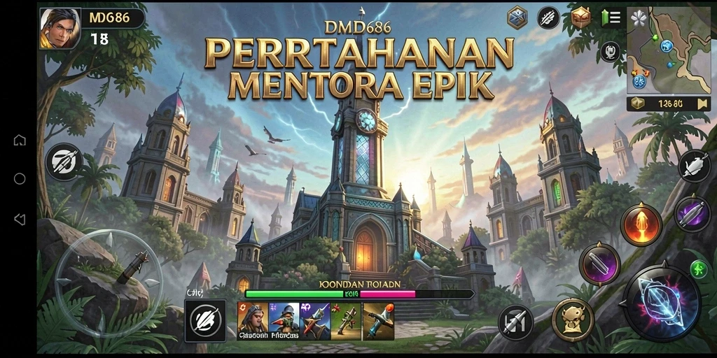 Screenshot gameplay DMD686 menunjukkan pertempuran menara pertahanan yang intens.