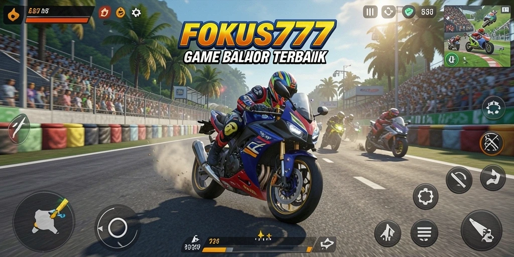 Tampilan gameplay seru dalam FOKUS777 saat balapan motor.