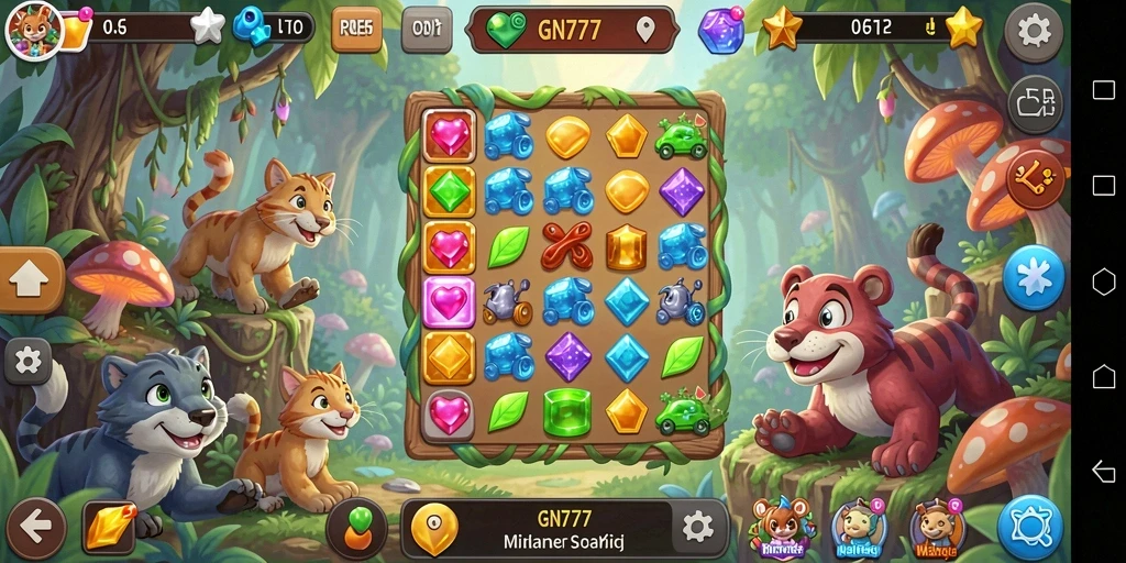 Screenshot gameplay GN777 dengan karakter ceria dan level Match-3 yang penuh warna.
