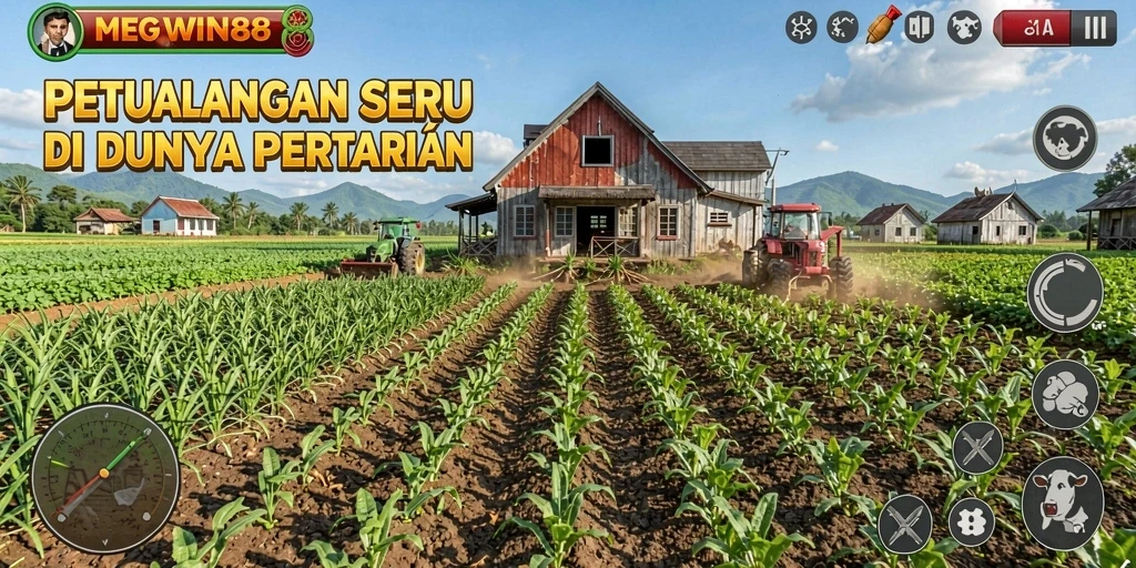 Screenshot gameplay MEGAWIN888 menampilkan ladang subur dengan tanaman yang tumbuh.