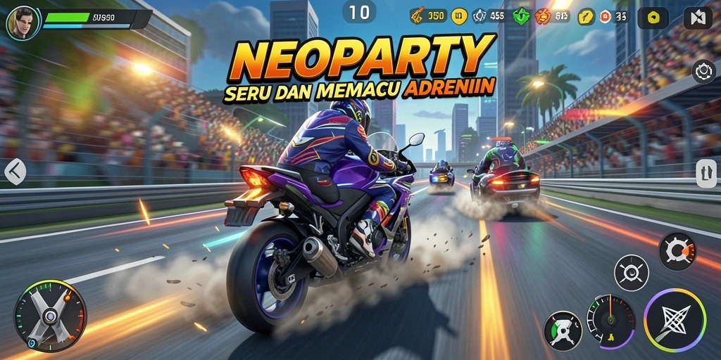 Screenshot gameplay NEOPARTY menampilkan balapan motor yang mendebarkan.