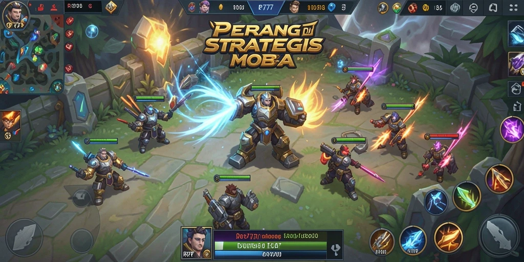 Tampilan gameplay seru dari RR777 dalam pertarungan tim MOBA.