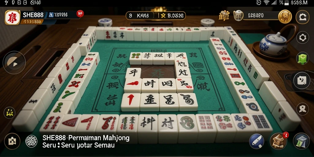 Tangkapan layar utama permainan SHE888 menampilkan suasana permainan Mahjong yang seru.